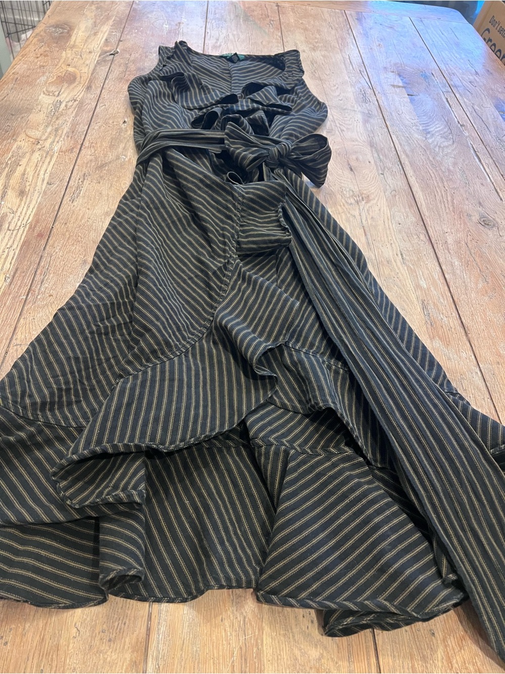 Ralph Lauren Black and Gold Pin Striped Wrap Ruffle Skirt w/ Tie Waist Academia